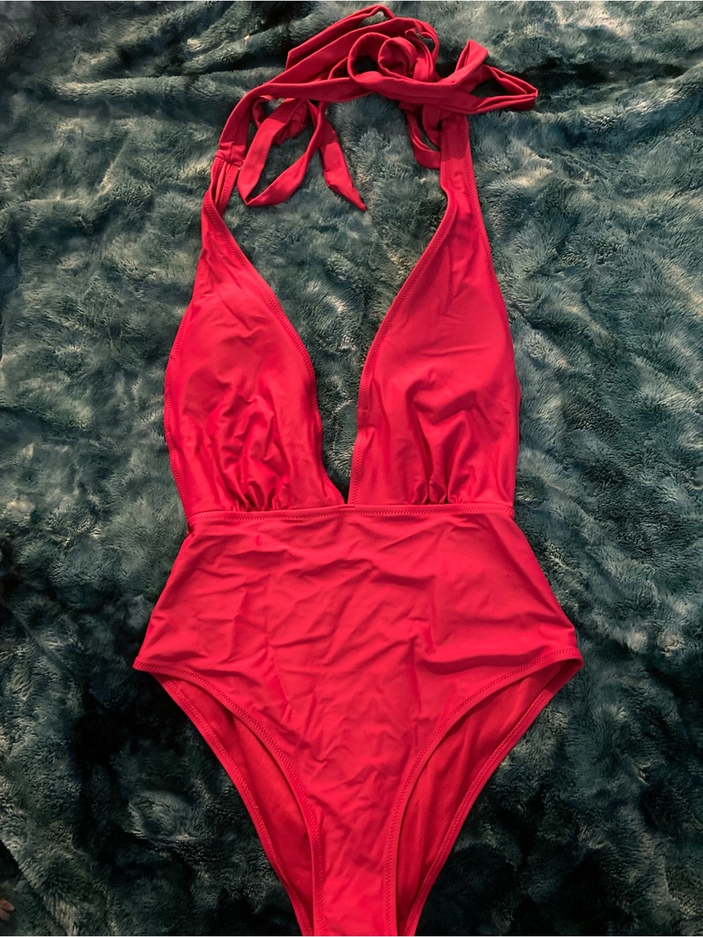 Hot Pink Deep V-Neck Halter Monokini One Piece Swimsuit